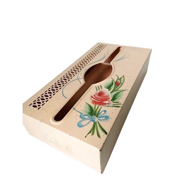 MCM Pink Tissue Box Holder Cover Hand Painted Tole Ware Metal Vanity Bath Vtg - Picture 4 of 11